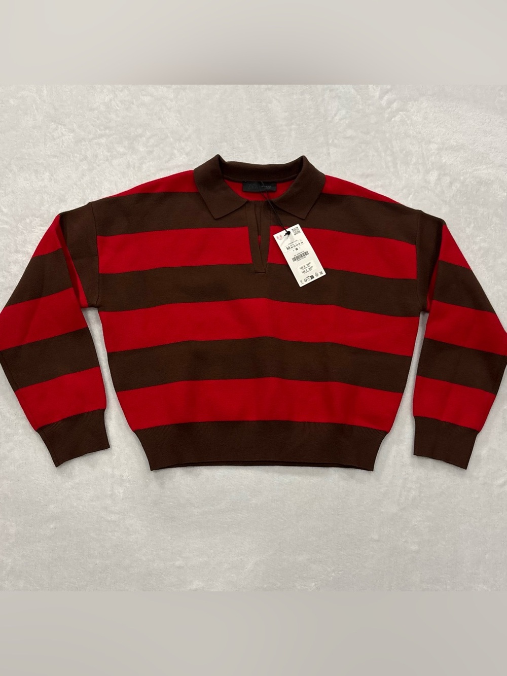 NWT ($59.90) Zara Red & Brown Striped Knit Polo Sweater Women’s Size M